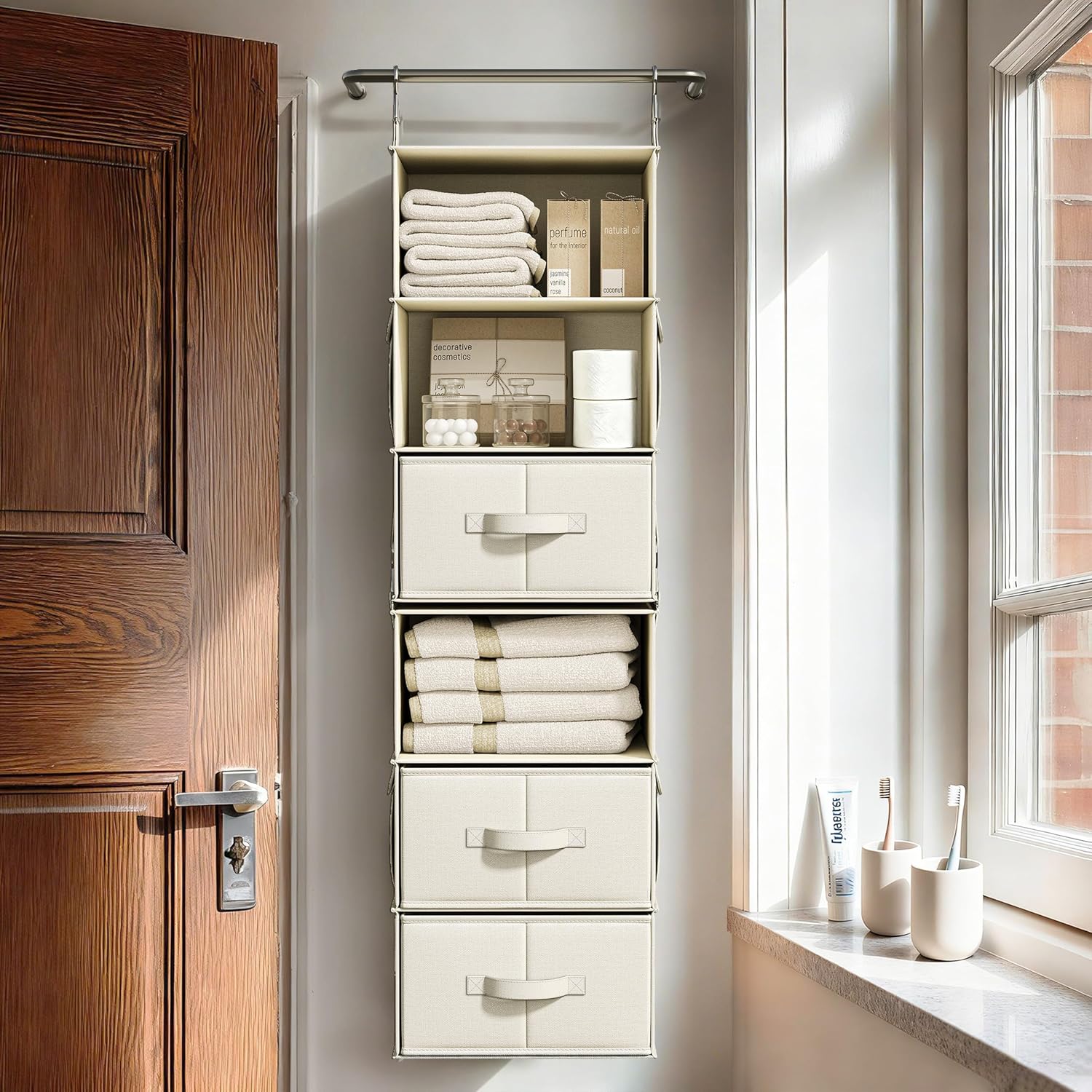 Vailando 6-Shelf Closet Organizer - Versatile Hanging Storage with 3 Drawers & 2 Separable Units | Beige