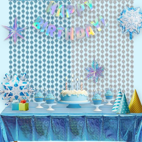 GREATRIL Silver Blue Snowflake Fringe Curtain - Sparkling Winter Backdrop for Christmas & Birthdays - 3.2ft x 6.5ft - 2 Pack