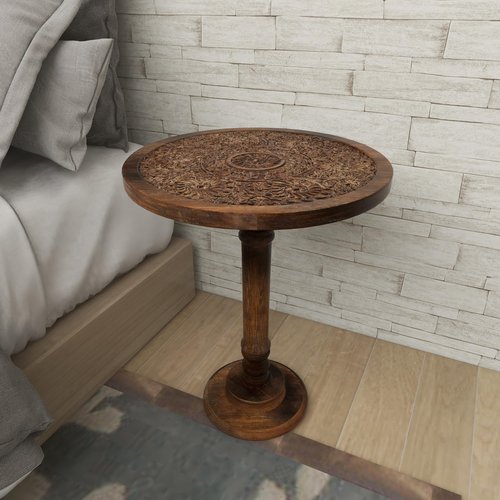 Deco 79 Mango Wood Floral Handmade Side End Accent Table Intricately Carved End Table with Turned Base, Side Table 17" x 17" x 21", Dark Brown