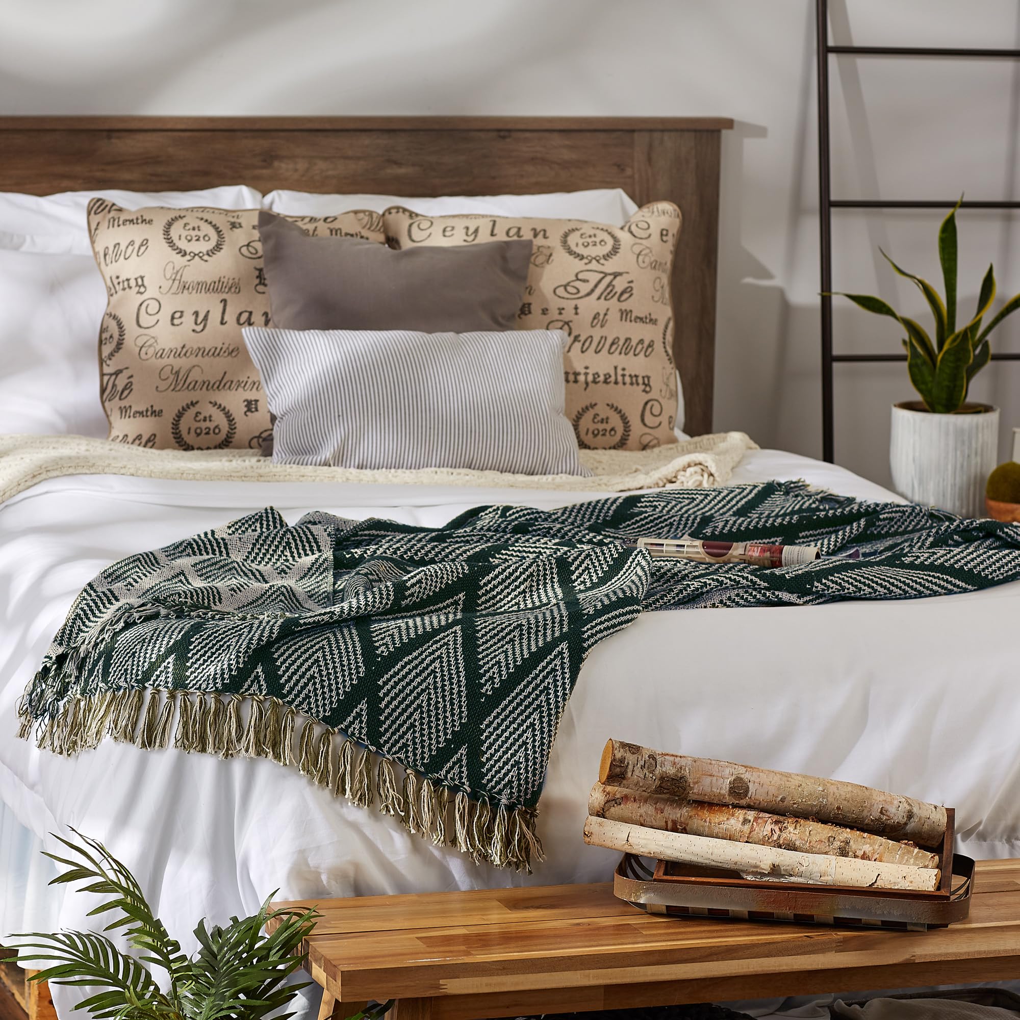 DII Diamond Throw Collection Fringed Woven Cotton Blanket, 50x60, Olive Green