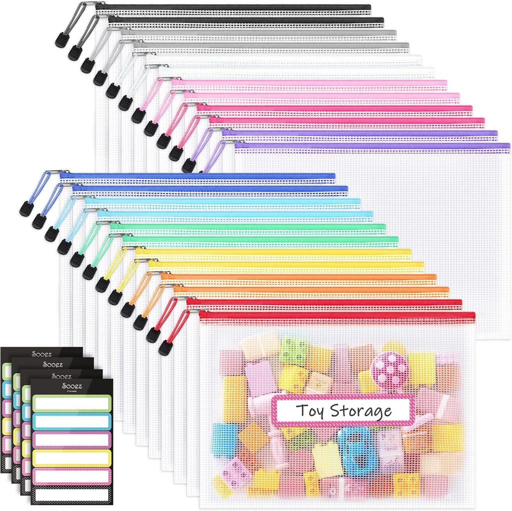 Sooez 24 Pack Mesh Zipper Pouches - Durable A4 Storage Bags with Sticky Labels for Organizing Toys & Games
