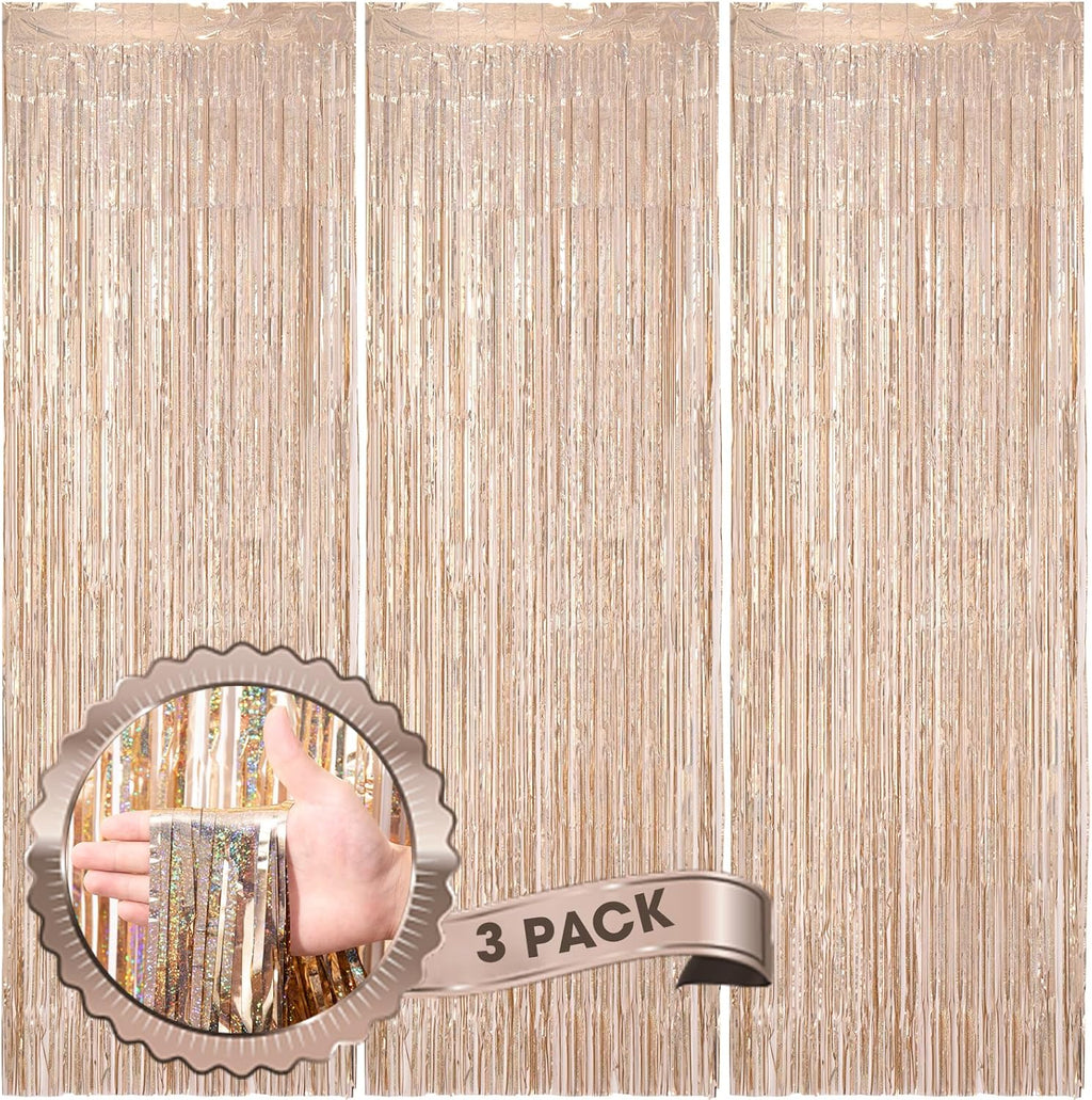Voircoloria 3 Pack | 3.3 x 8.2 Ft Laser Champagne Foil Fringe Backdrop Curtains - Perfect for Parties & Events