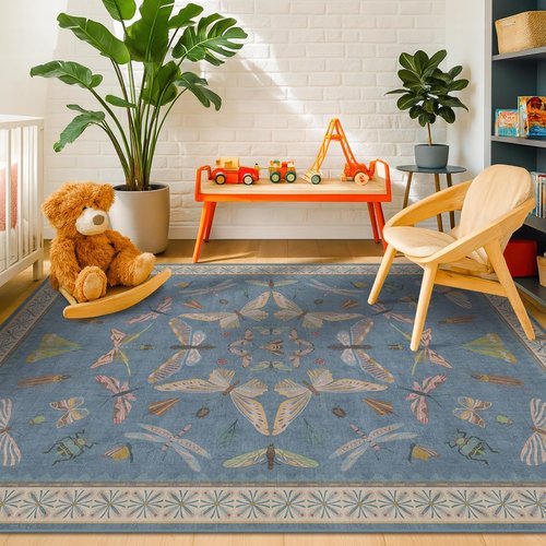 Blue Washable Kids Playroom Rug - Super Soft 5x7 Area Rug with Cute Animal Print for Nursery & Toddler Room