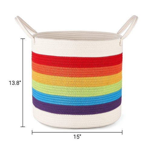 Mkono Rainbow Cotton Rope Woven Decorative Storage Basket Baby Nursery Decor Toy Storage Laundry Hamper Baskets for Bedroom Classroom Playroom Kids Room, 15"W x 13.8"H