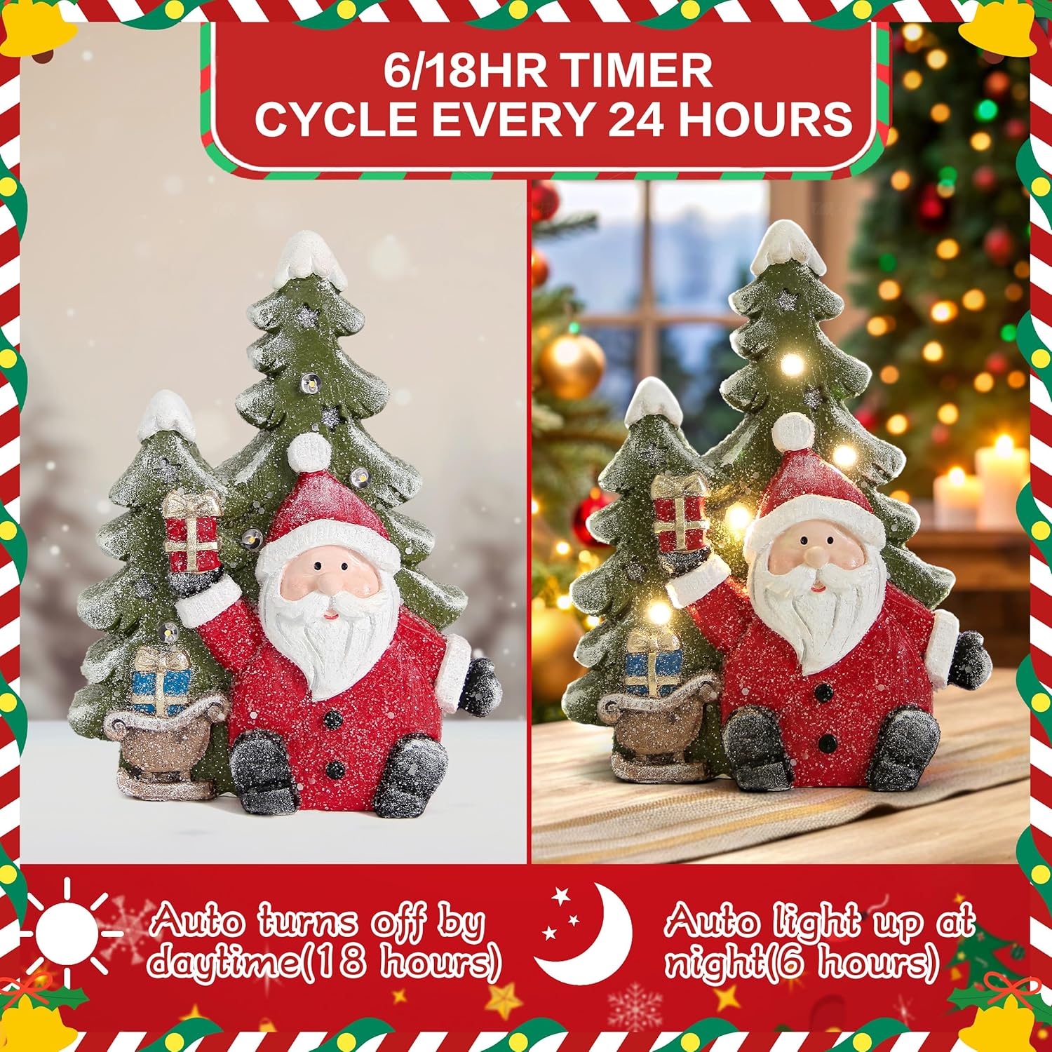 Santa Claus Statues - Christmas Decorations for Indoor Holiday Decor | Light-Up Tree Figurines for Table & Mantle