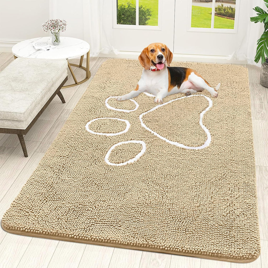 OLANLY Dog Door Mat - Absorbent Non-Slip Mud Mat for Muddy Paws | 59x35 Paw Print Design, Quick Dry Beige