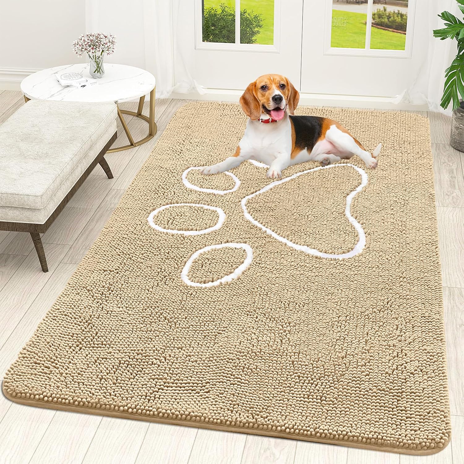 OLANLY Dog Door Mat - Absorbent Non-Slip Mud Mat for Muddy Paws | 59x35 Paw Print Design, Quick Dry Beige