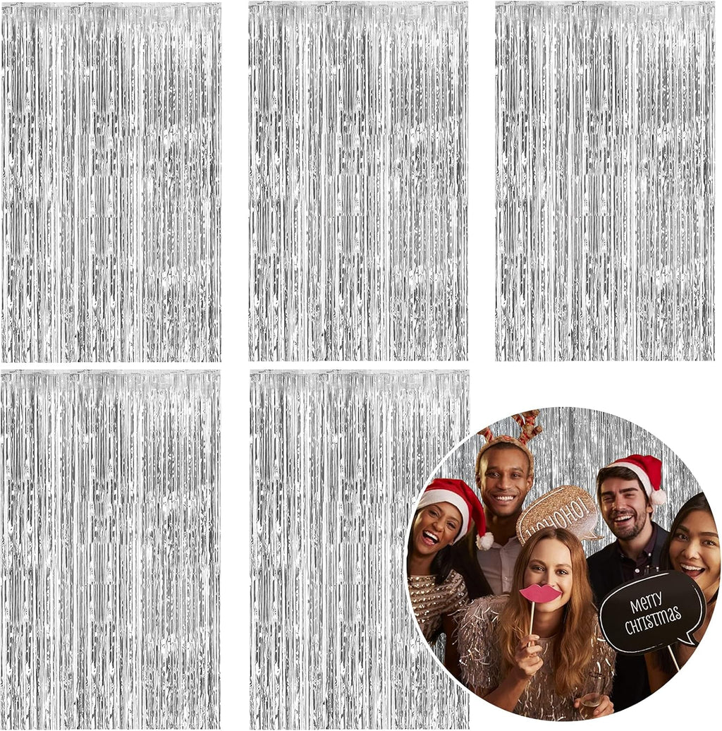 Skiennix Foil Curtain Backdrop - Silver Metallic Tinsel Fringe for Parties & Celebrations | 5 Pack