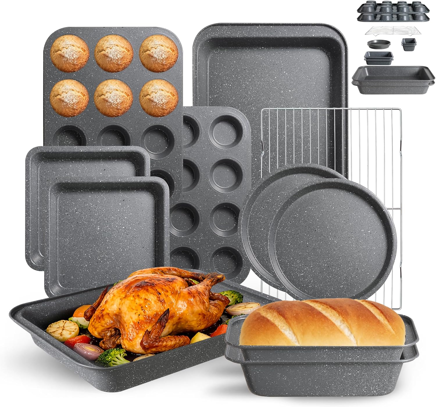 Professional Grade Nonstick Baking Pans Set by [Brand Name] - 11-Piece Carbon Steel Bakeware, Dishwasher Safe, Oven Safe to 450°F | Steel Gray