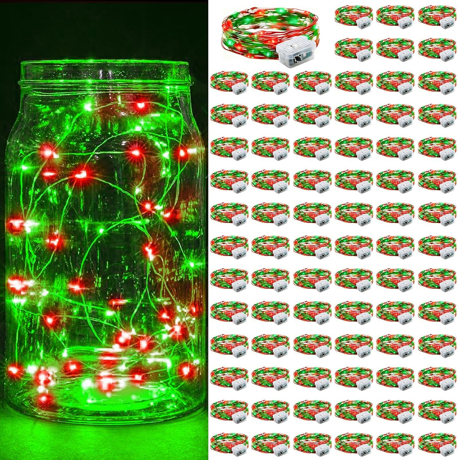 Skiennix 100 Pack Fairy Lights - 7Ft 20 LED Twinkle String Lights | Battery Operated & Waterproof for Mason Jar Decor, Parties & Weddings - Red & Green