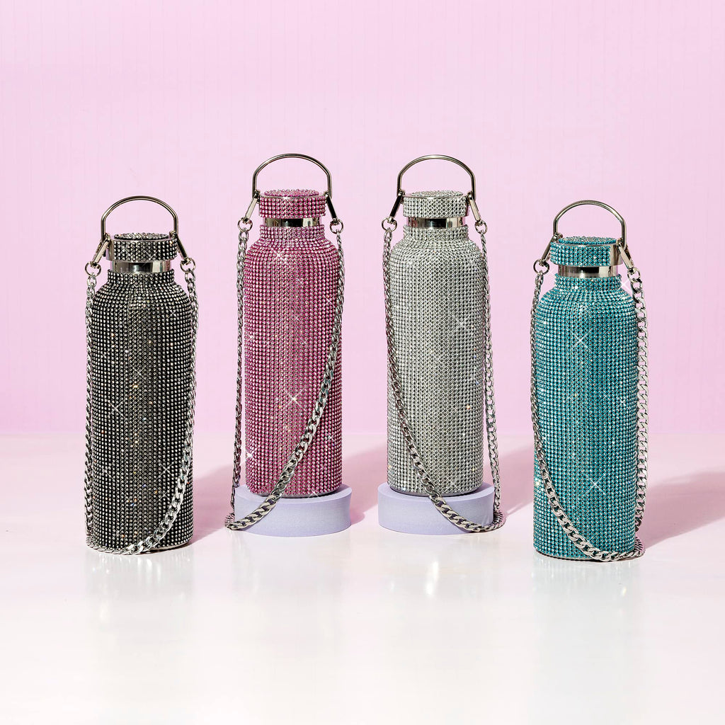 Paris Hilton Diamond Bling Water Bottle With Lid And Removable Carrying Strap, Stainless Steel Vacuum Insulated, Bedazzled With Over 5000 Rhinestones, 25-Ounce, Ombre Pink to Silver