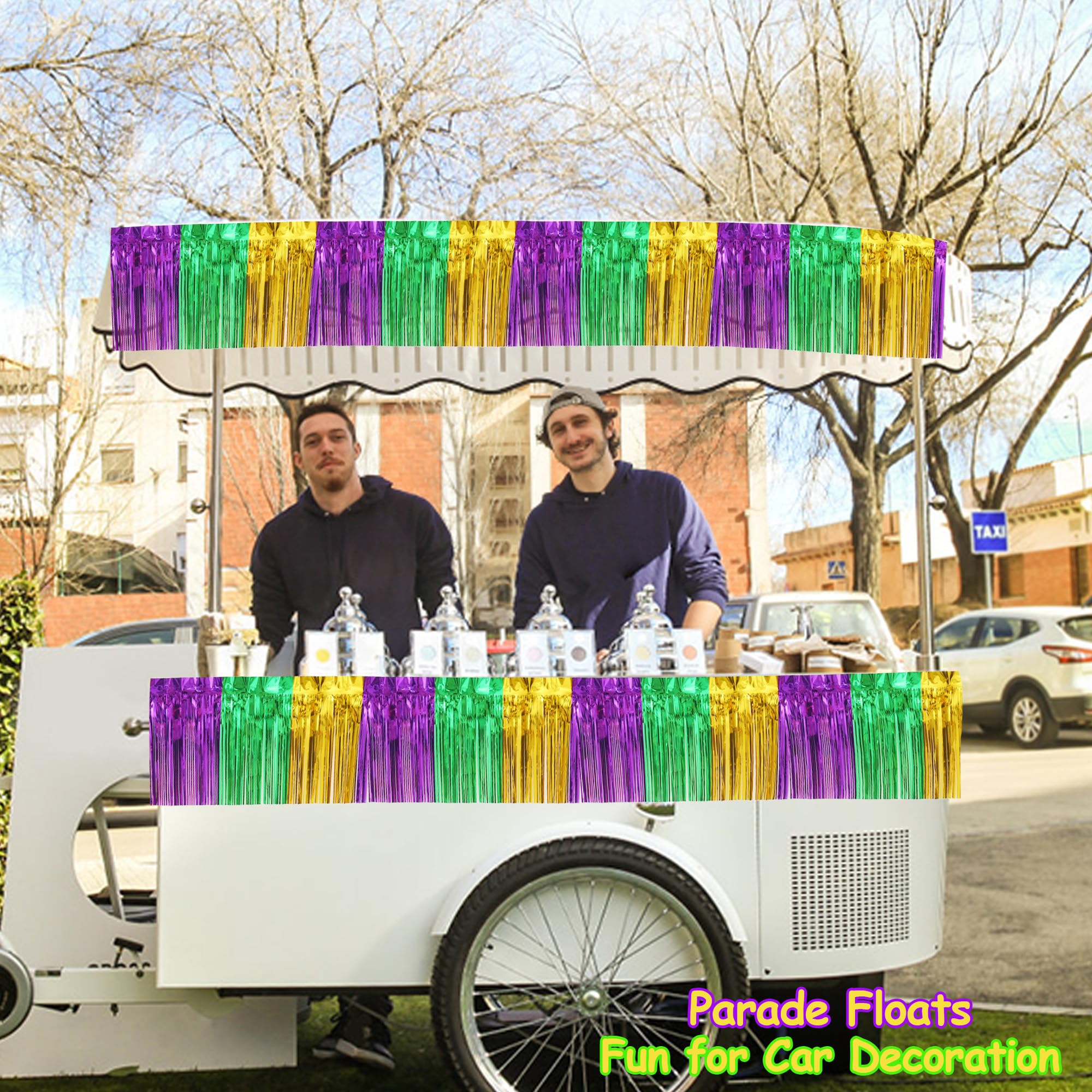 4 Packs Total 39 Ft Mardi Gras Parade Floats for Trailer Car, Green Gold Purple Foil Fringe Garland Tinsel Streamers Banner Table Skirts for Halloween Graduation Homecoming Birthday Party Decor