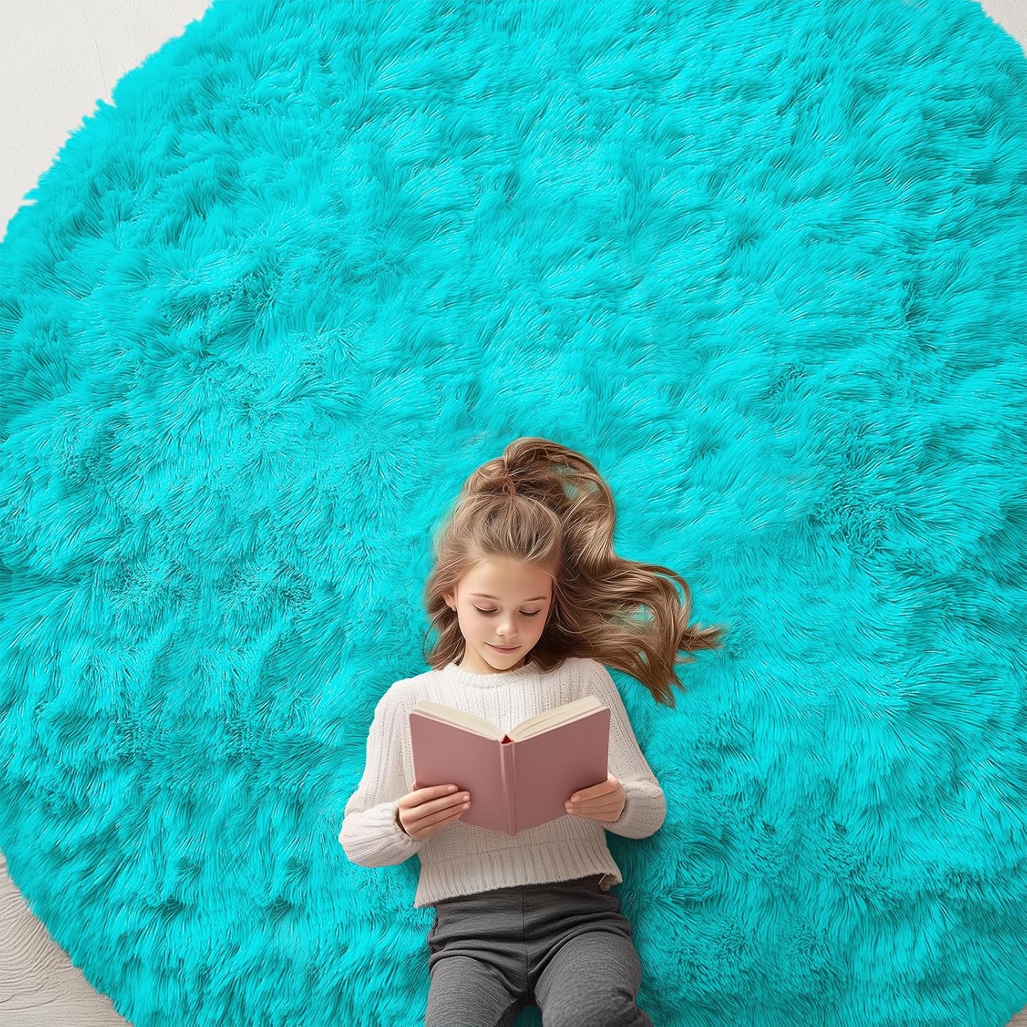 OLANLY Teal Blue Round Area Rug - Soft, Fluffy, Machine Washable 8 ft Circle Carpet for Bedrooms & Nurseries