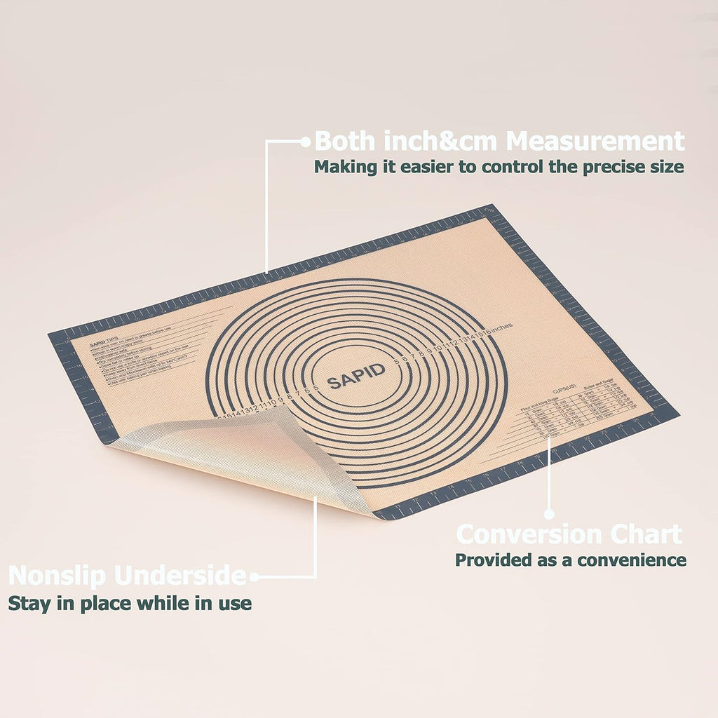 Sapid Extra Thick Silicone Pastry Mat - Non-Slip Baking Surface with Measurements | Extra Large 20" x 28" Gray
