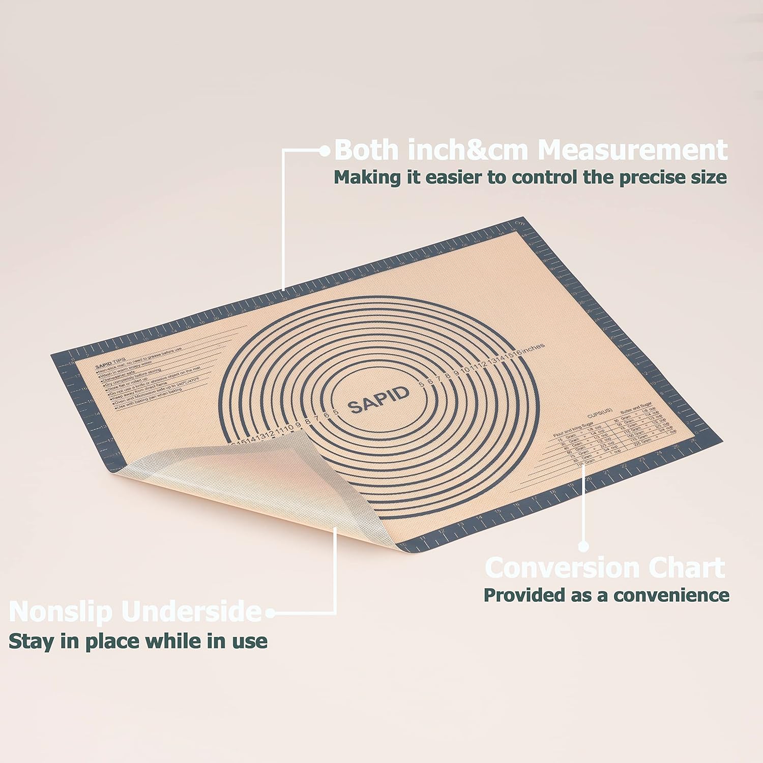 Sapid Extra Thick Silicone Pastry Mat - Non-Slip Baking Surface with Measurements | Extra Large 20" x 28" Gray