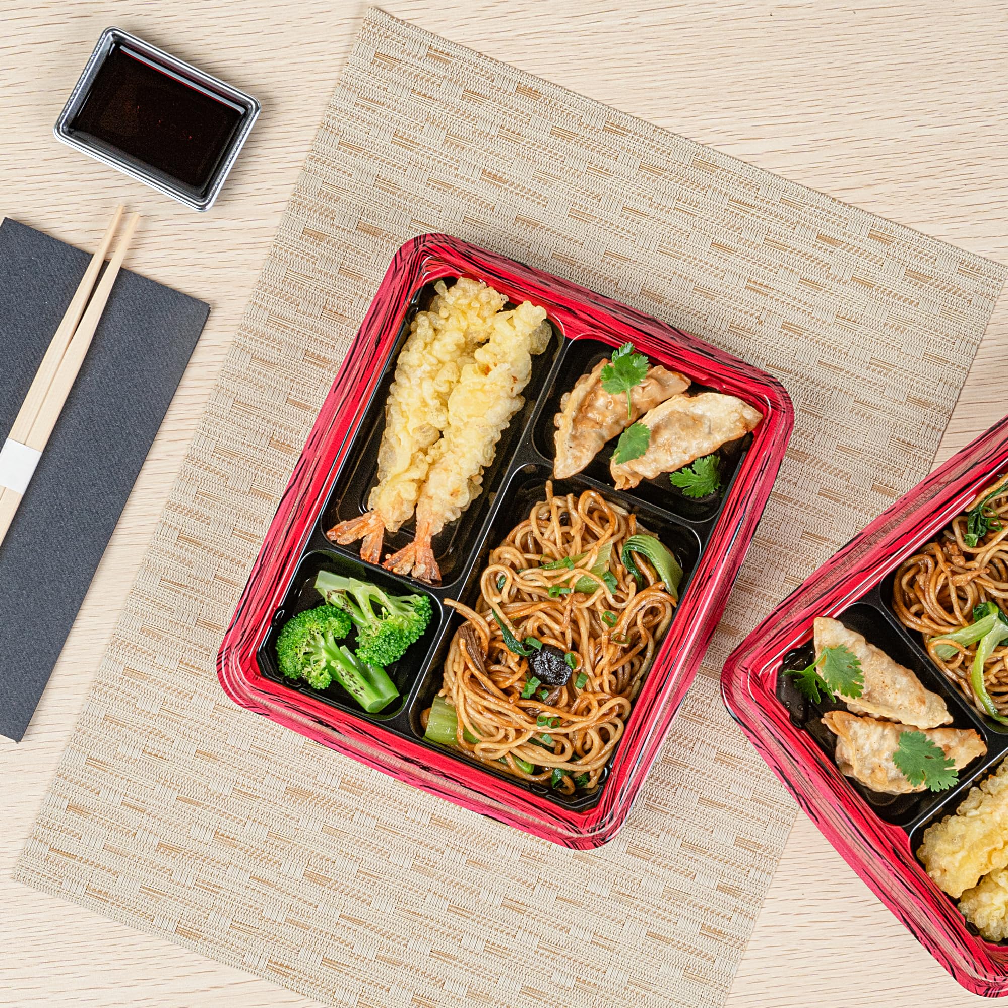Restaurantware Bento Tek 15.2 Ounce Meal Prep Containers, 50 Disposable To Go Food Boxes - Lids Sold Separately, 4 Compartments, Red And Black Plastic Bento Lunch Boxes, Freezable, For Take Out