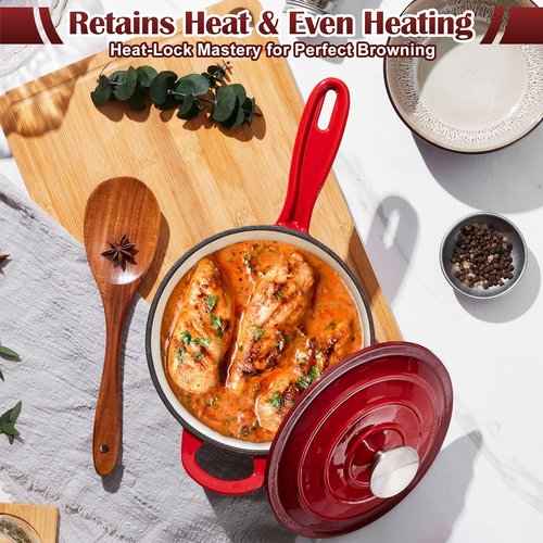 E-far Enameled Cast Iron Sauce Pan Set - 1Qt & 2Qt Heavy Duty Dutch Ovens with Self-Basting Lids | Induction-Ready, Easy Clean, Red