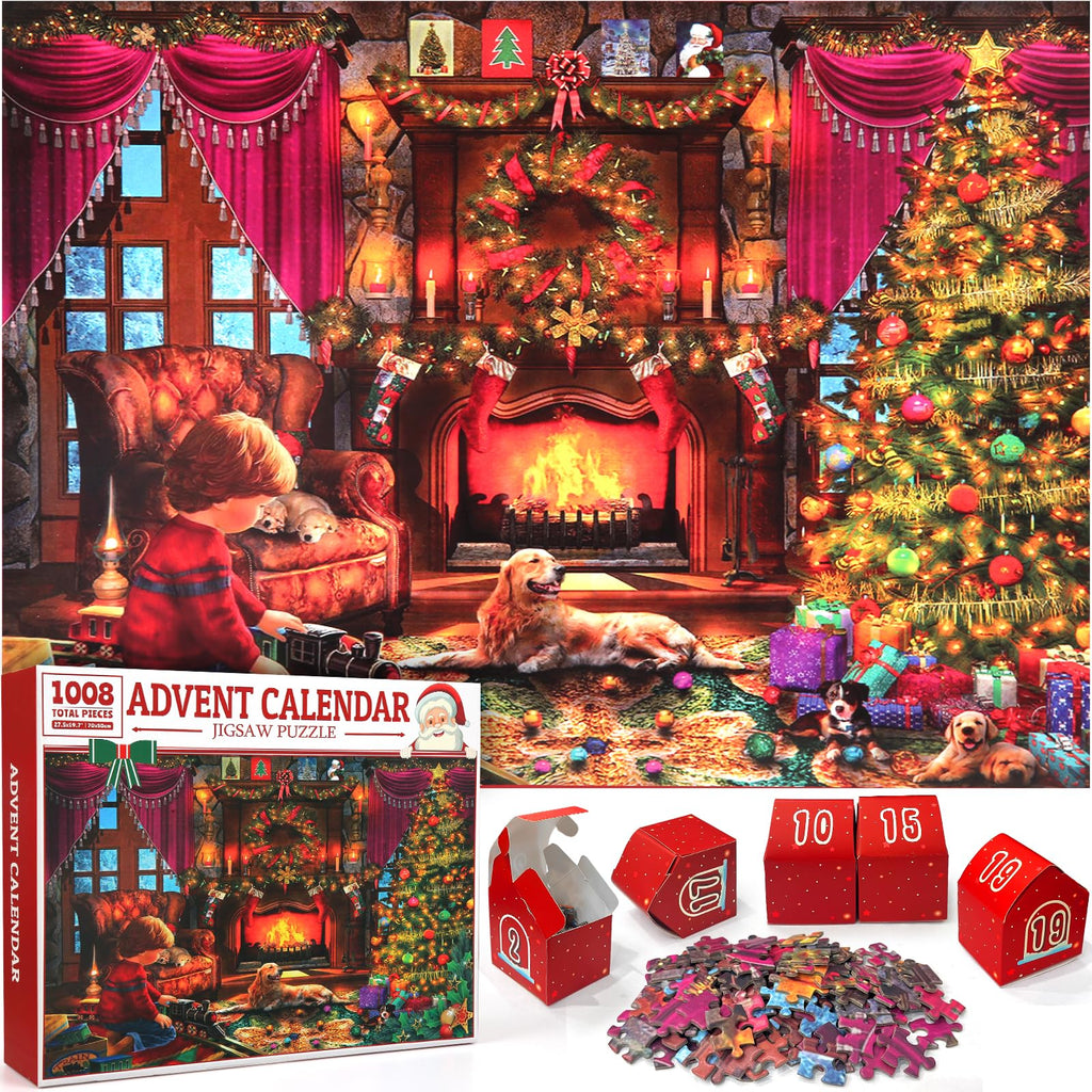 Advent Calendar 2025 Christmas Jigsaw Puzzles, Christmas Surprise Countdown Calendars for Adult and Kids, 24 Parts 1008 Pieces Holiday Puzzle Gifts Decorations with Puzzle Saver