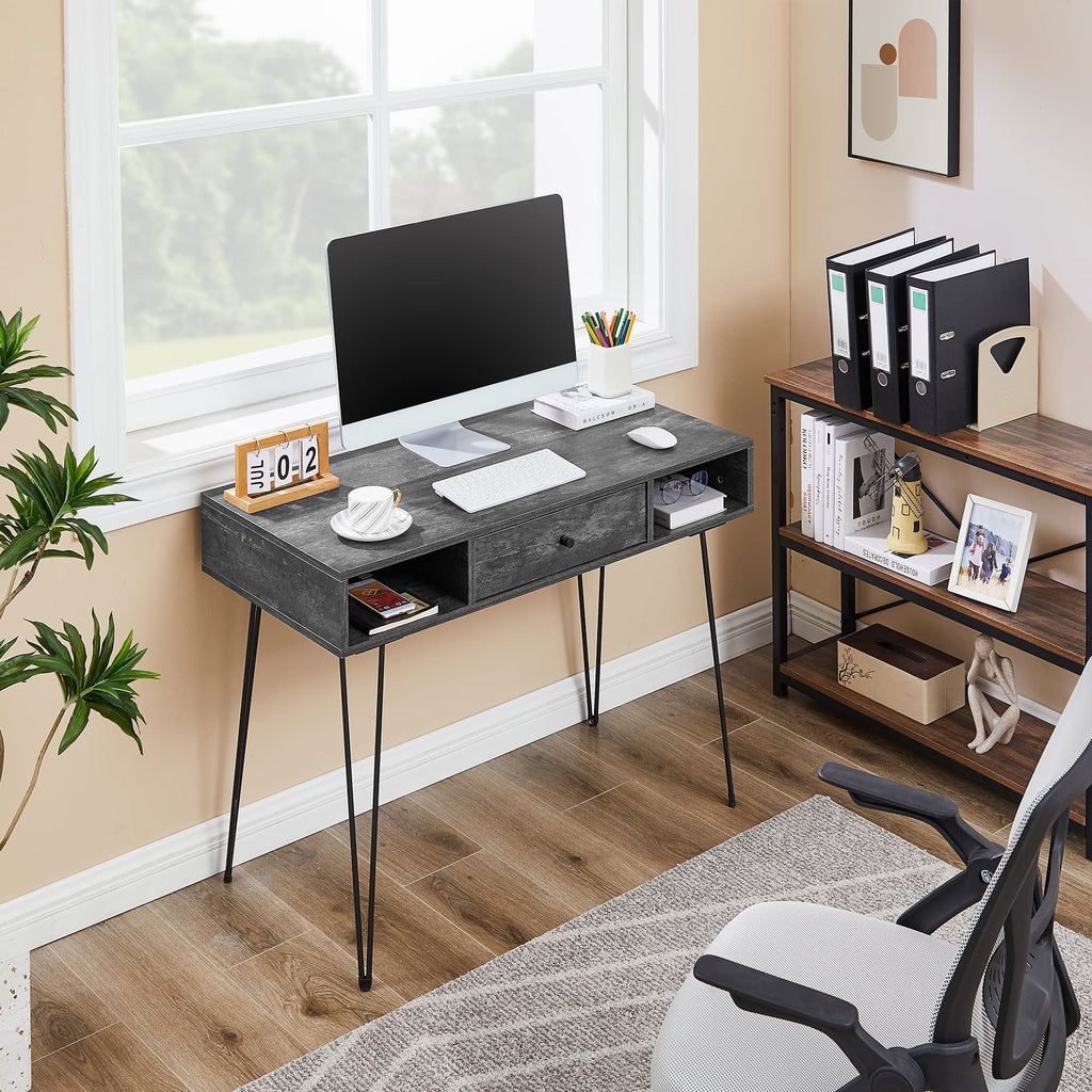 VECELO 39.3" Home Office Work Table with Drawers,Computer Desk with Hairpin Leg for Writing/Study,Charcoal Grey