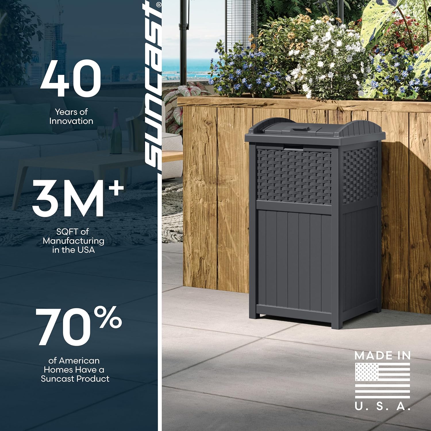 Suncast 33 Gallon Wicker-Style Trash Can - Secure Latching Lid & Weather-Resistant Design | Cyberspace Grey