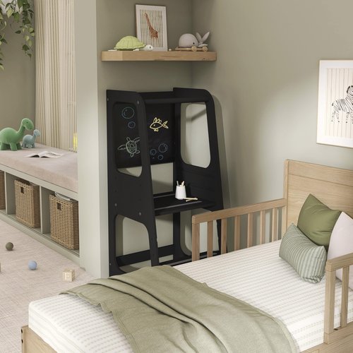 Dream On Me Explora Tower & Step Stool in Black – Solid Pinewood Kids Tower with 3 Adjustable Heights, Anti-Slip Base, Chalkboard for Creative Play