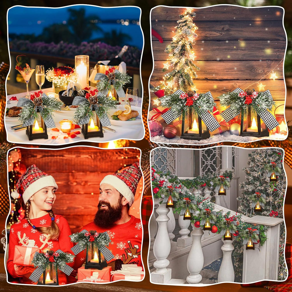 Regine Switzerland Set of 6 Christmas Mini Lanterns - Flickering LED Flameless Candle | Black and White Bow