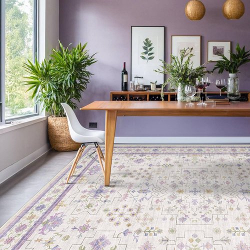 Lavender Floral Area Rug by [Brand Name] - 8x10 Large Non-Slip, Stain-Resistant, Washable Carpet for Bedroom & Living Room