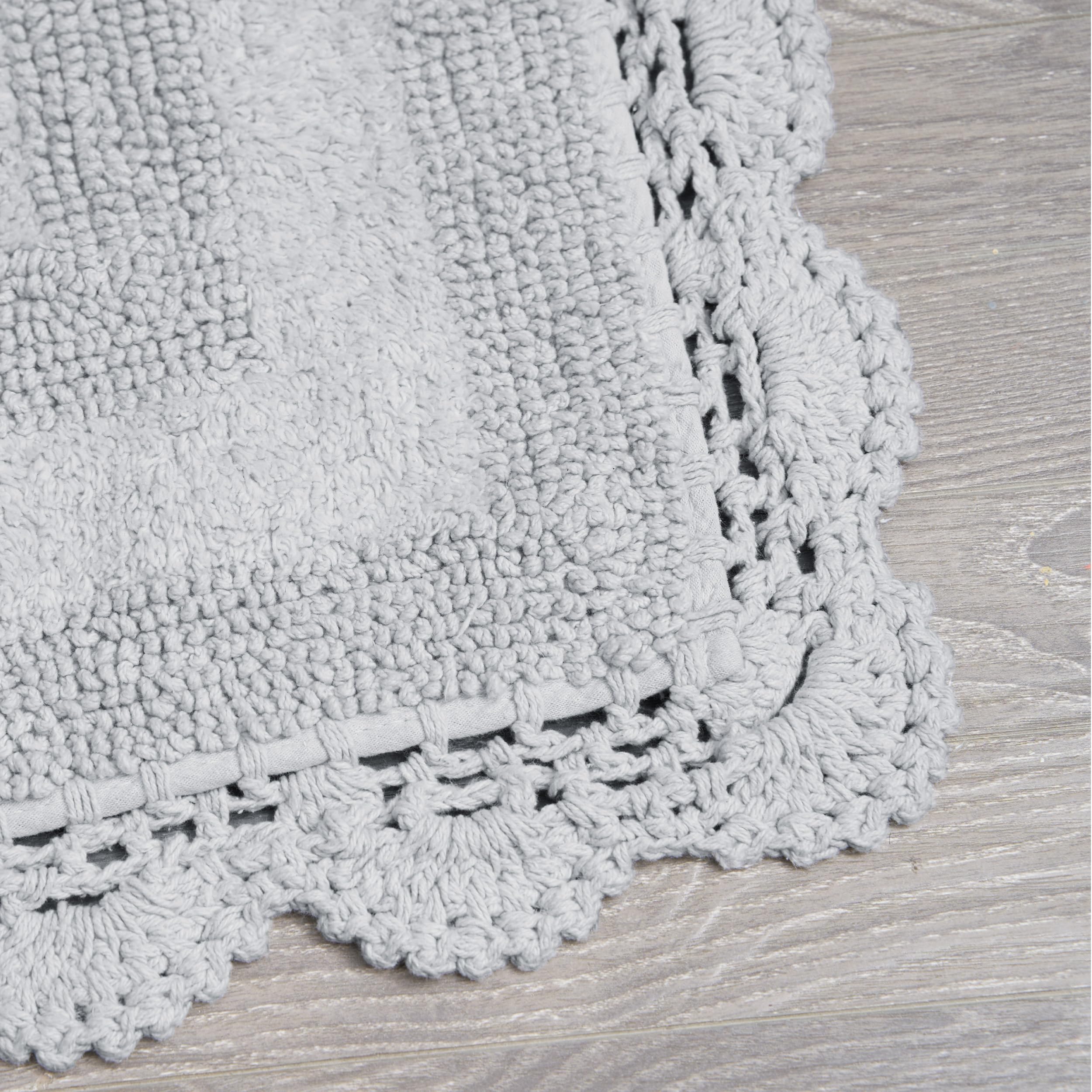 Laura Ashley Absorbent Bath Mat Reversible Crochet Soft and Plush Bathroom Mat 100% Cotton 2-Piece Bath Rug Set, Light Grey