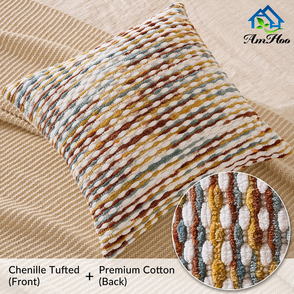AmHoo Set of 2 Boho Chenille Pillow Cover Decorative Tufted Pillowcase for Couch Bed Sofa Bedroom Living Room Modern 18 x 18-Inch Brown