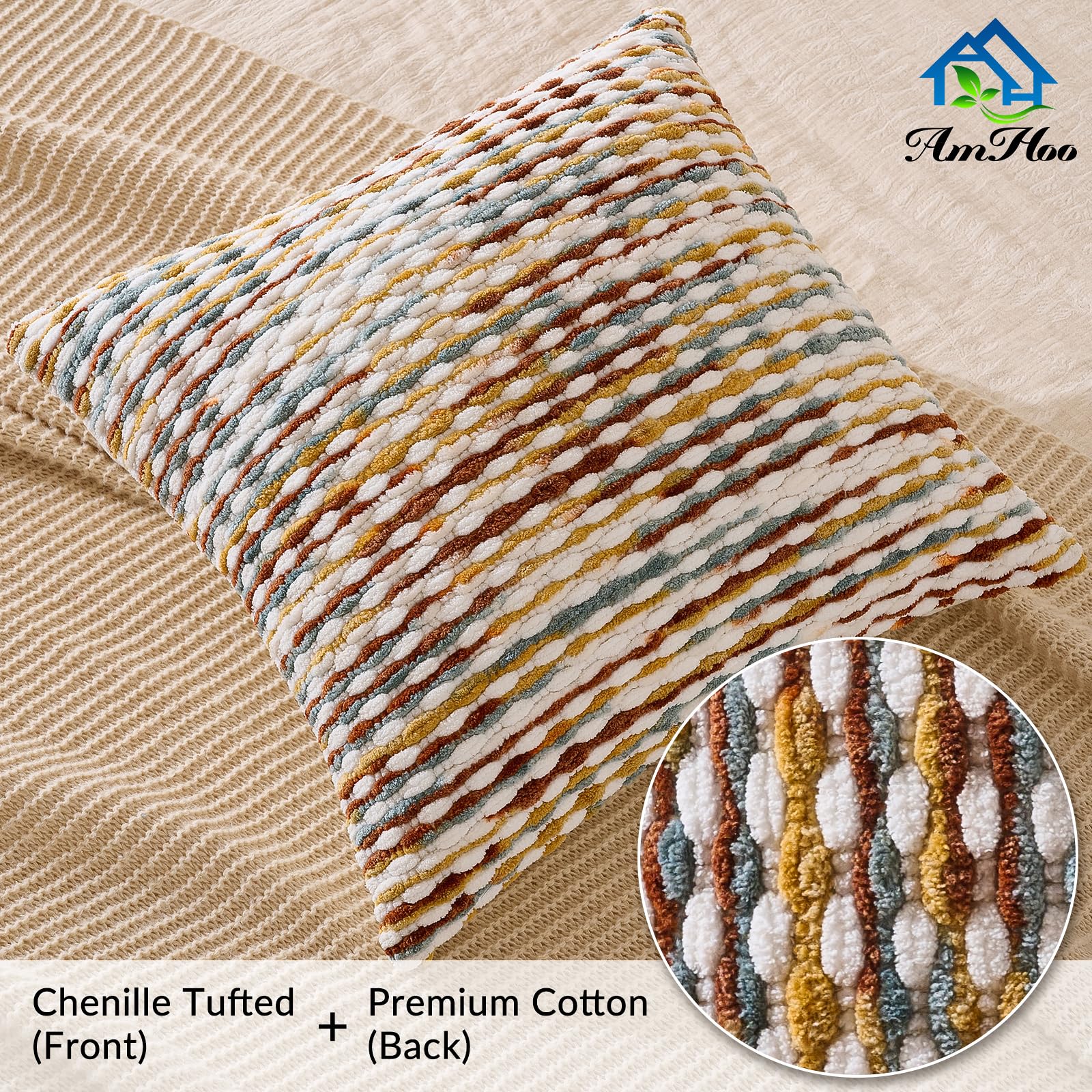 AmHoo Set of 2 Boho Chenille Pillow Cover Decorative Tufted Pillowcase for Couch Bed Sofa Bedroom Living Room Modern 18 x 18-Inch Brown
