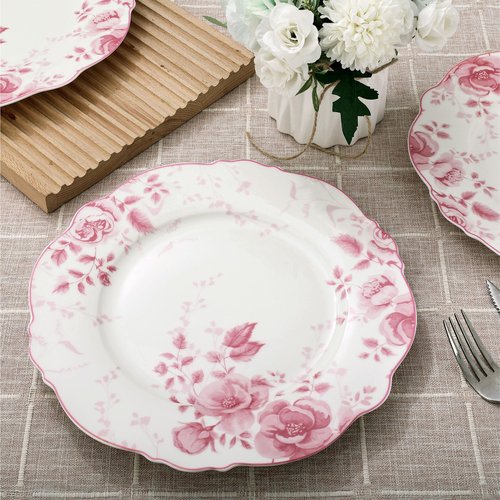 fanquare Pink Floral Dinner Plate Sets of 4, 10.5 Inch Large Round Porcelain Pasta Appetizer Steak Serving Dishes for Microwave & Dishwasher Safe
