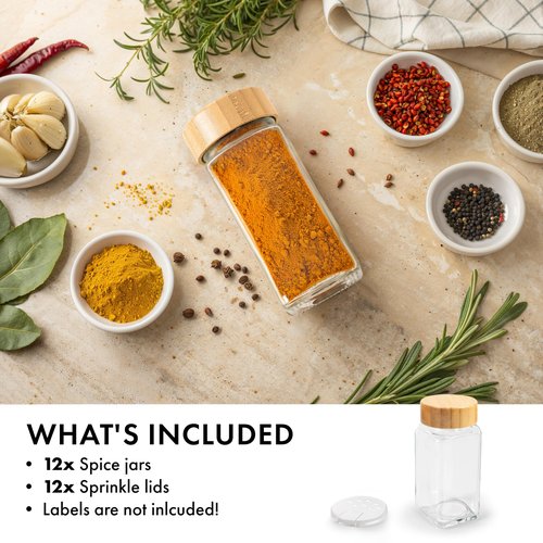 EDELHAUS Glass Spice Jars and Bamboo Lids (12 x 4oz) Spice Containers with Shaker Inserts - Add-On Pack Without Labels or Accessories