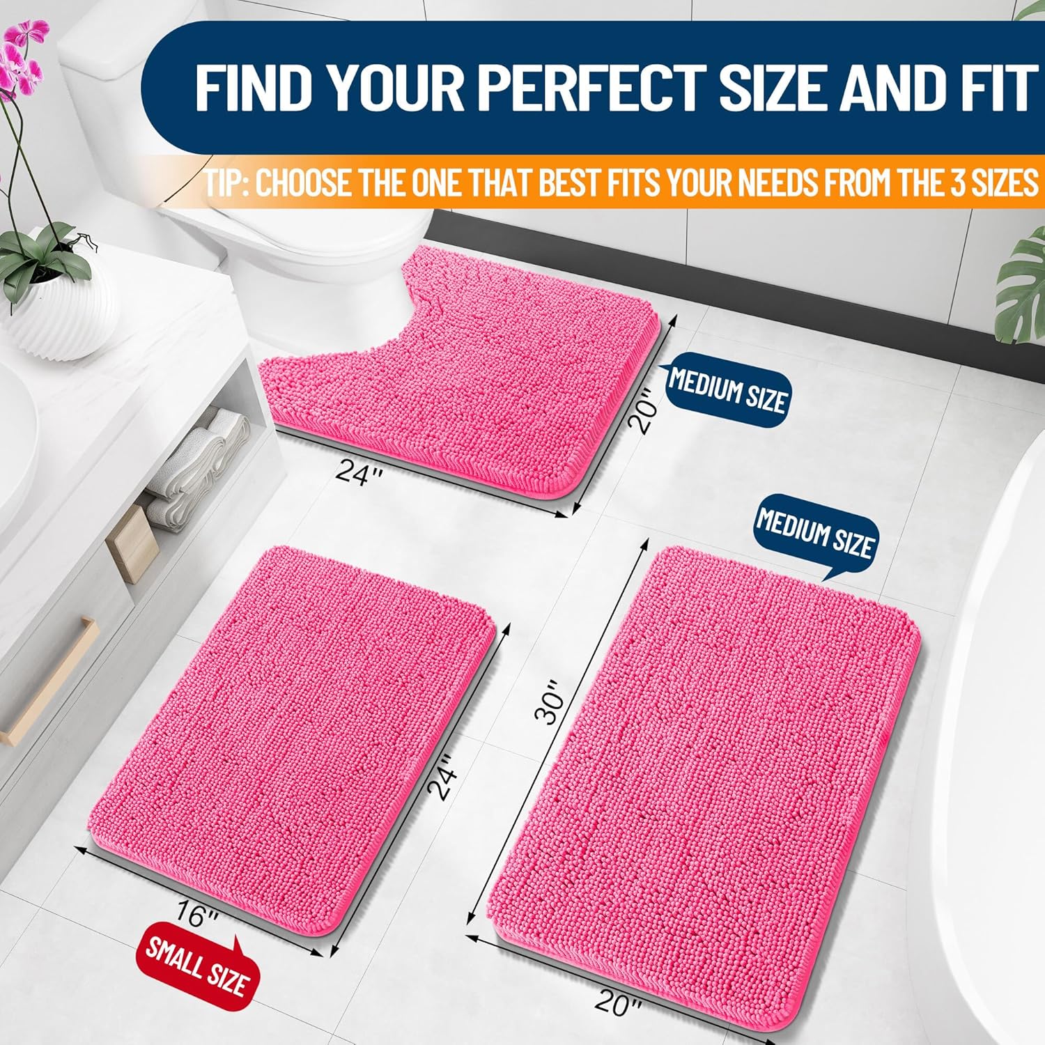 OLANLY Bath Rugs - Extra Soft Chenille, Quick-Dry, Machine Washable | 30x20, Hot Pink for Bathroom Decor
