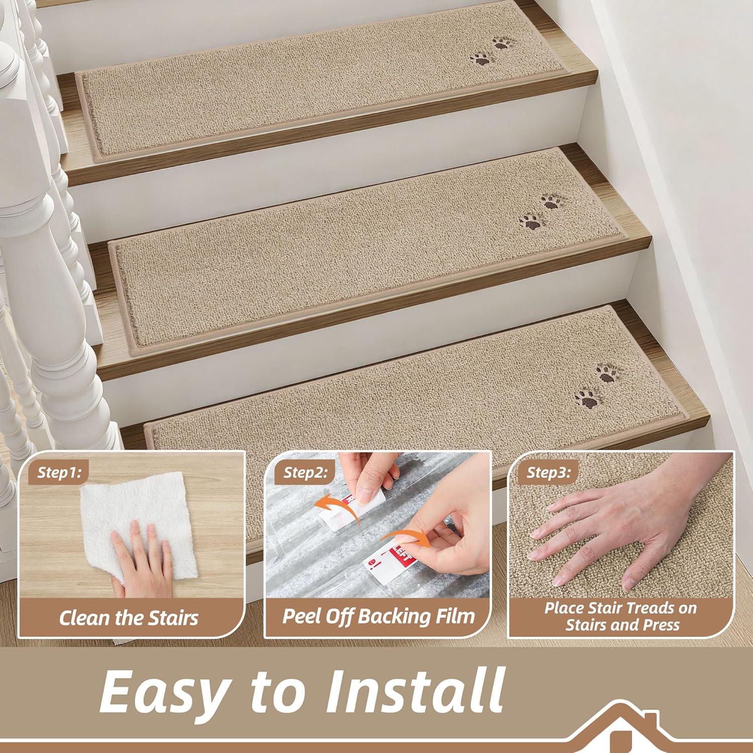 BEQHAUSE Non-Slip Carpet Stair Treads - Soft Indoor Stair Runners, 28"x9", 15pcs, Beige