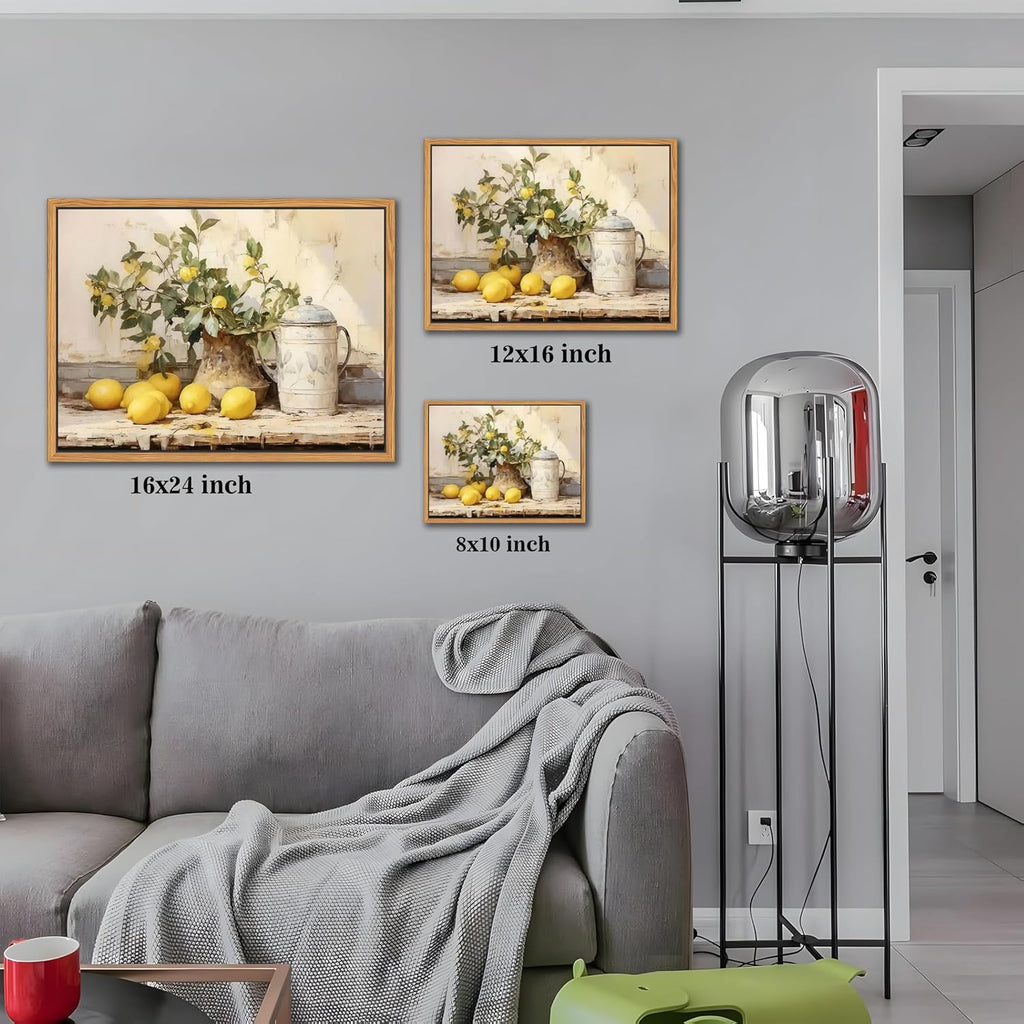 Vintage Kitchen Wall Art by Floating Framed | Yellow Lemon Still Life Canvas Print 12x16 Inch