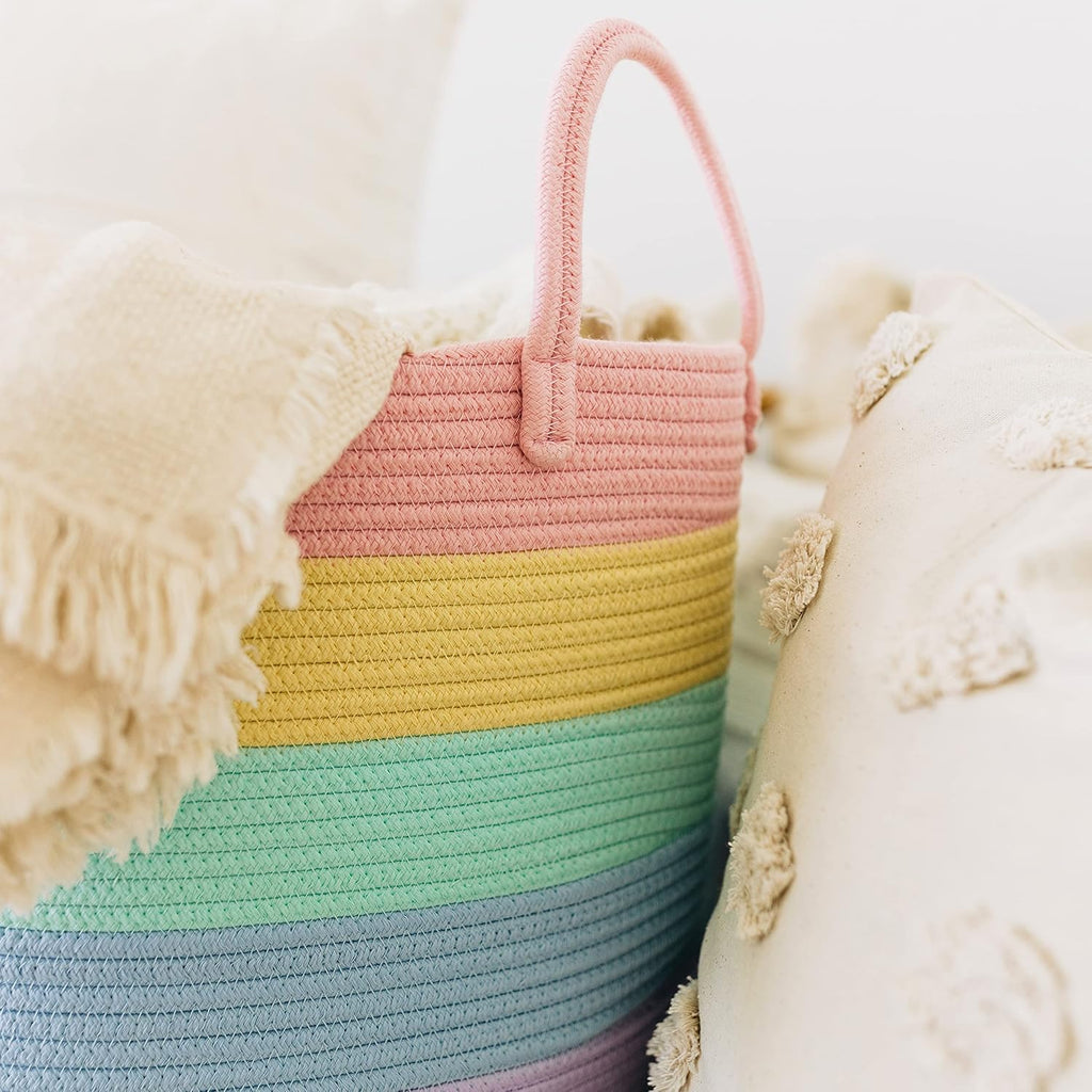 OrganiHaus Rainbow Blanket Basket - Extra Large Woven Laundry & Toy Storage Bin | 20"x13" Soft Round Design