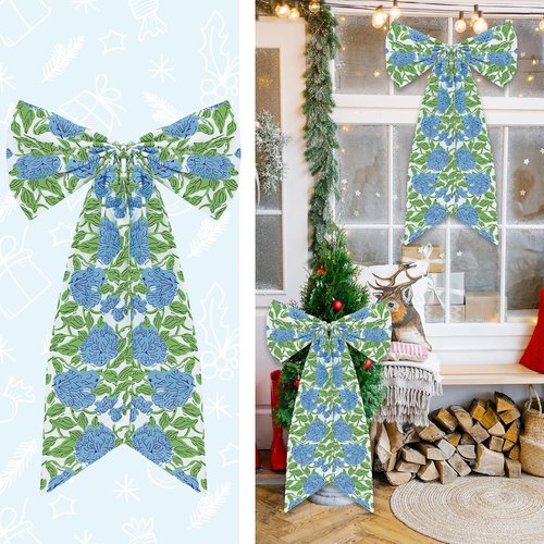HunnmingRe Hydrangea Bow Wreath Sash - 24 x 16 Inch Christmas Decor for Front Door | Blue Green Floral Burlap