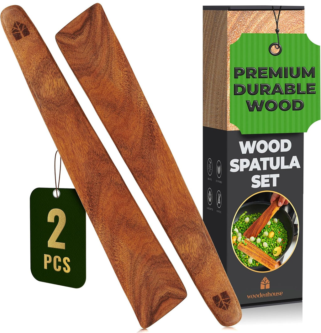 Skiennix Wooden Spatula Set of 2 | 12-Inch Teak Turner & Flipper for Non-Stick Cookware - BPA Free & Heat Resistant