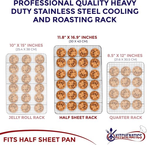 KITCHENATICS Stainless Steel Cooling Racks - Heavy-Duty Wire Grid for Baking & Roasting | Fits 13x18 Half Sheet Pans | Oven-Safe to 575°F, Set of 2