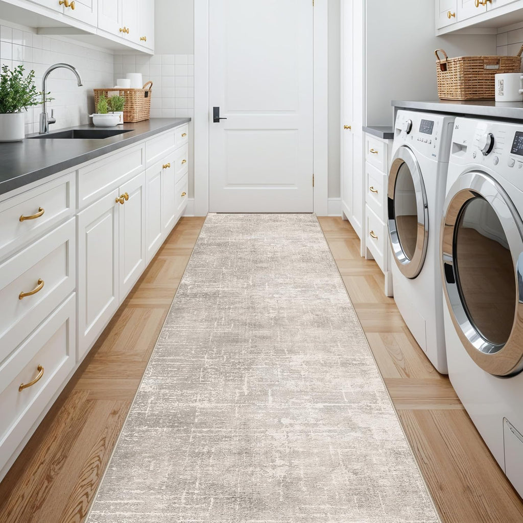 **Regine Switzerland Washable Runner Rug - Stain Resistant Abstract Design | 2'6"x14" Beige/Cream Soft Indoor Mat**