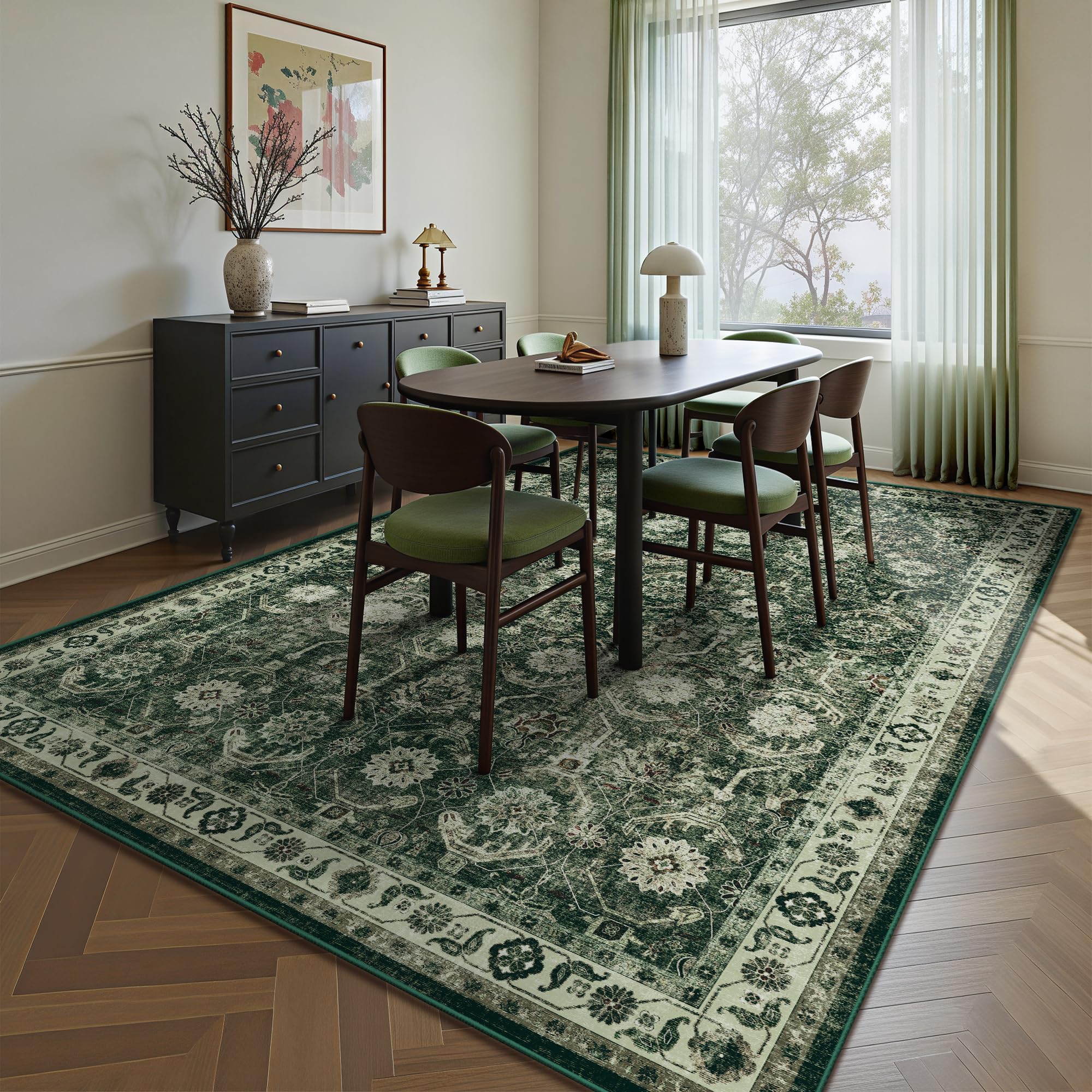 Woodbruy 5x7 Area Rugs, Soft Non Slip Low Pile Washable Rug, Boho Modern Rug for Living Room, Bedroom, Dining Room, Sage Green