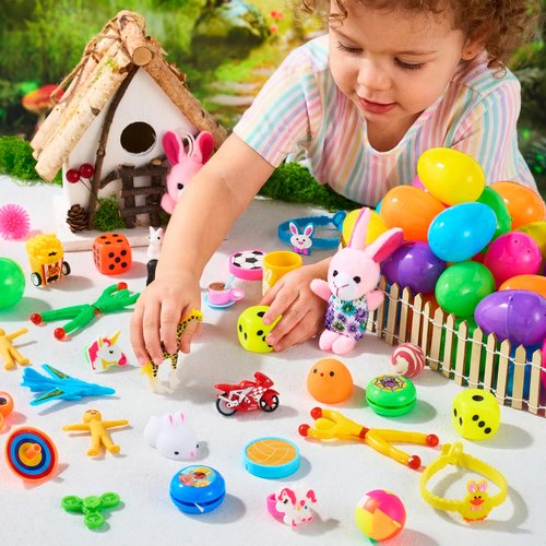 JOYIN 50 Pcs Prefilled Easter Eggs with Toys, 48 Bright Colorful and 2 Pcs Gold Filled Plastic Eggs with Toys for Easter Eggs Hunt Filler, Basket Stuffer, Party Favors