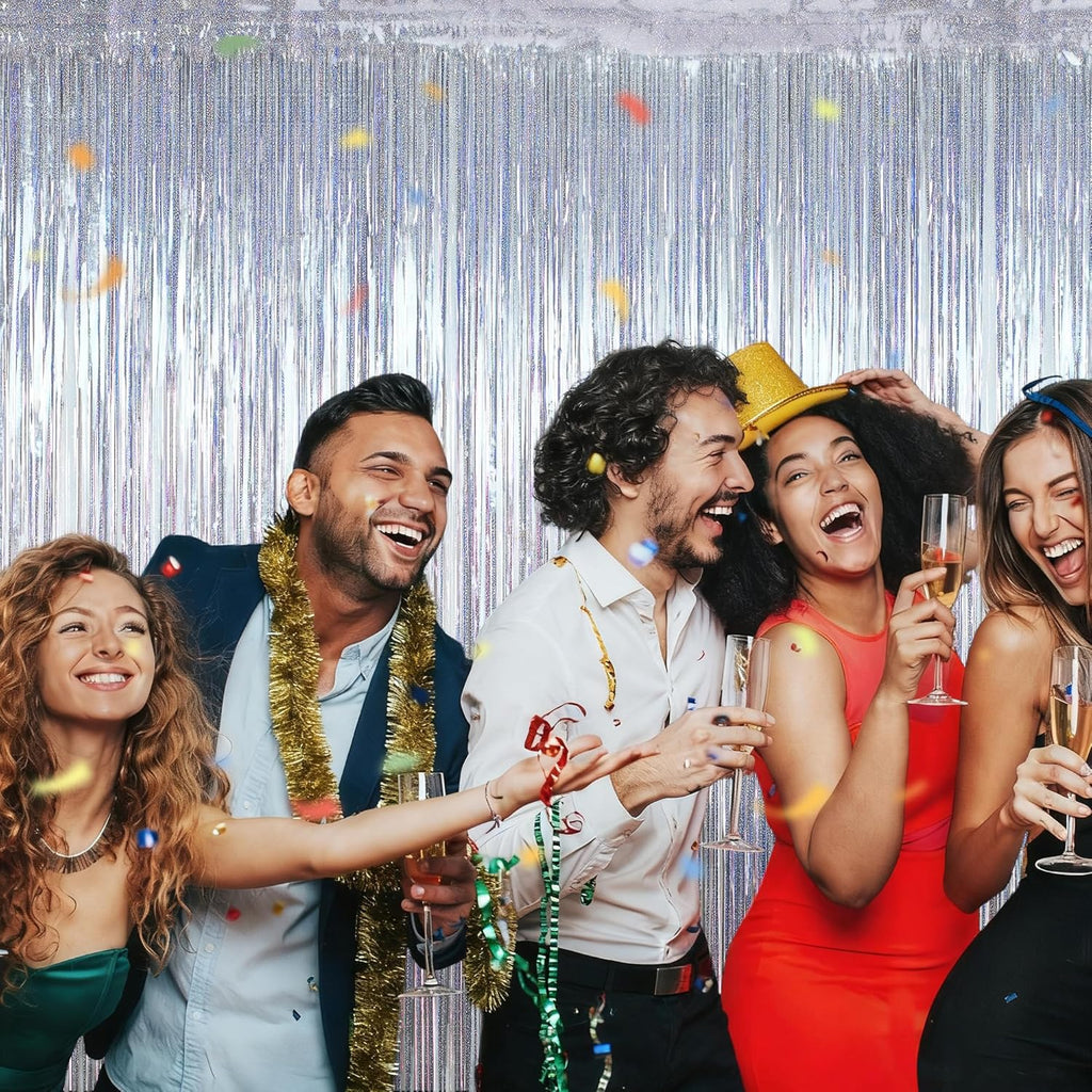Skiennix Silver Metallic Tinsel Foil Curtains - 2 Pack Glitter Fringe Backdrop | 3.28 FT x 7.05 FT for NYE & Birthday Parties