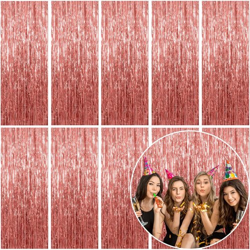 Foil Curtain Backdrop - Rose Gold Metallic Tinsel Fringe | 10 Pack for Parties & Celebrations