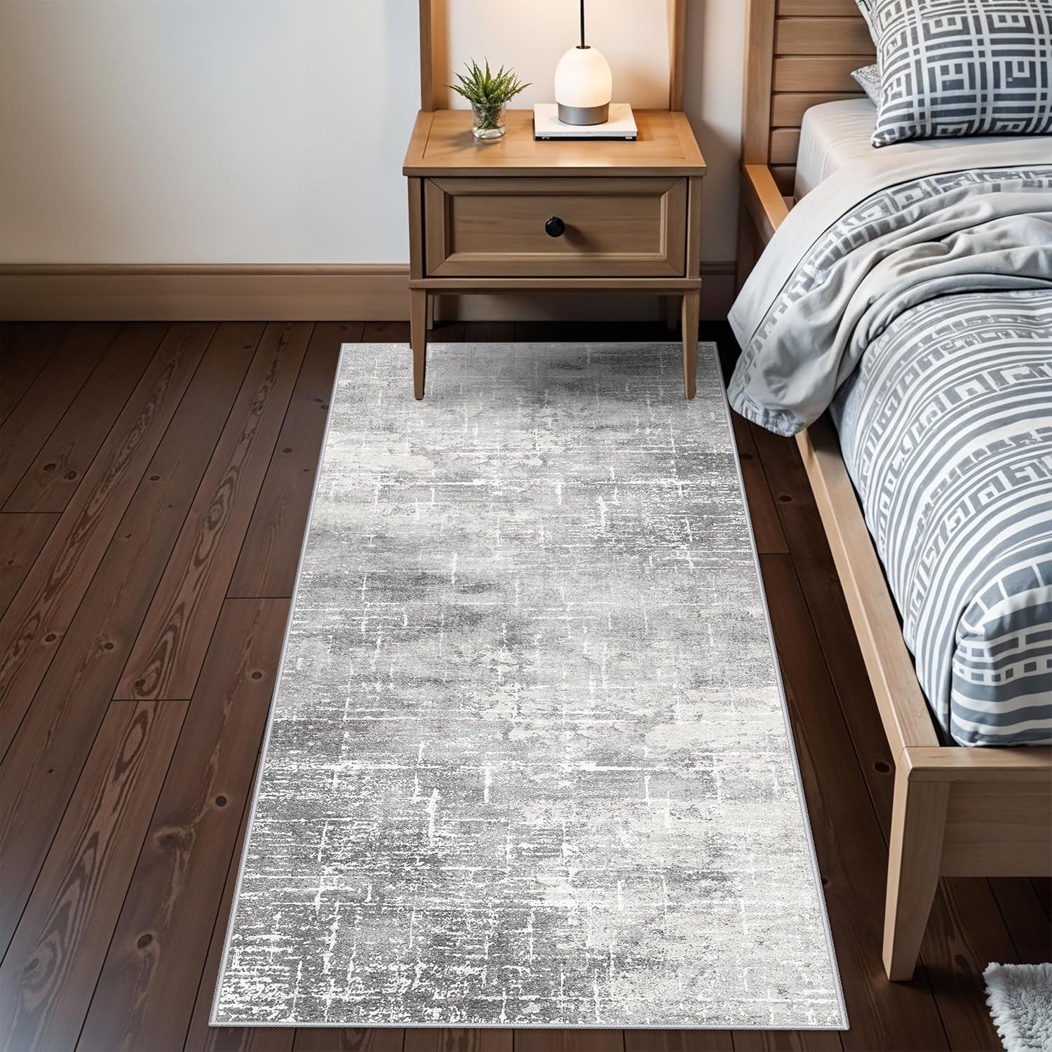 Skiennix Washable Abstract Kitchen Rug - Non-Slip Water-Resistant Runner for Dining & Entryway | 2x6 Light Grey