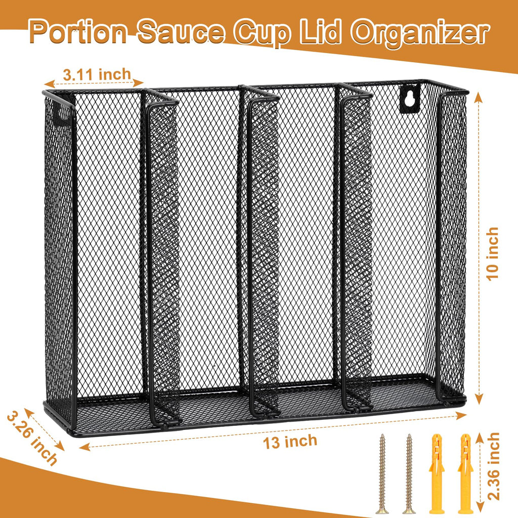 Wall Mount Portion Sauce Cup Lid Organizer 4 Compartments Iron Sauce Cup Dispenser Black Cup and Lid Holder Organizer Fits Cups Size 2 to 5.5 oz For Kitchen Counter Restaurant Coffee Bar 13x10x3.3 In