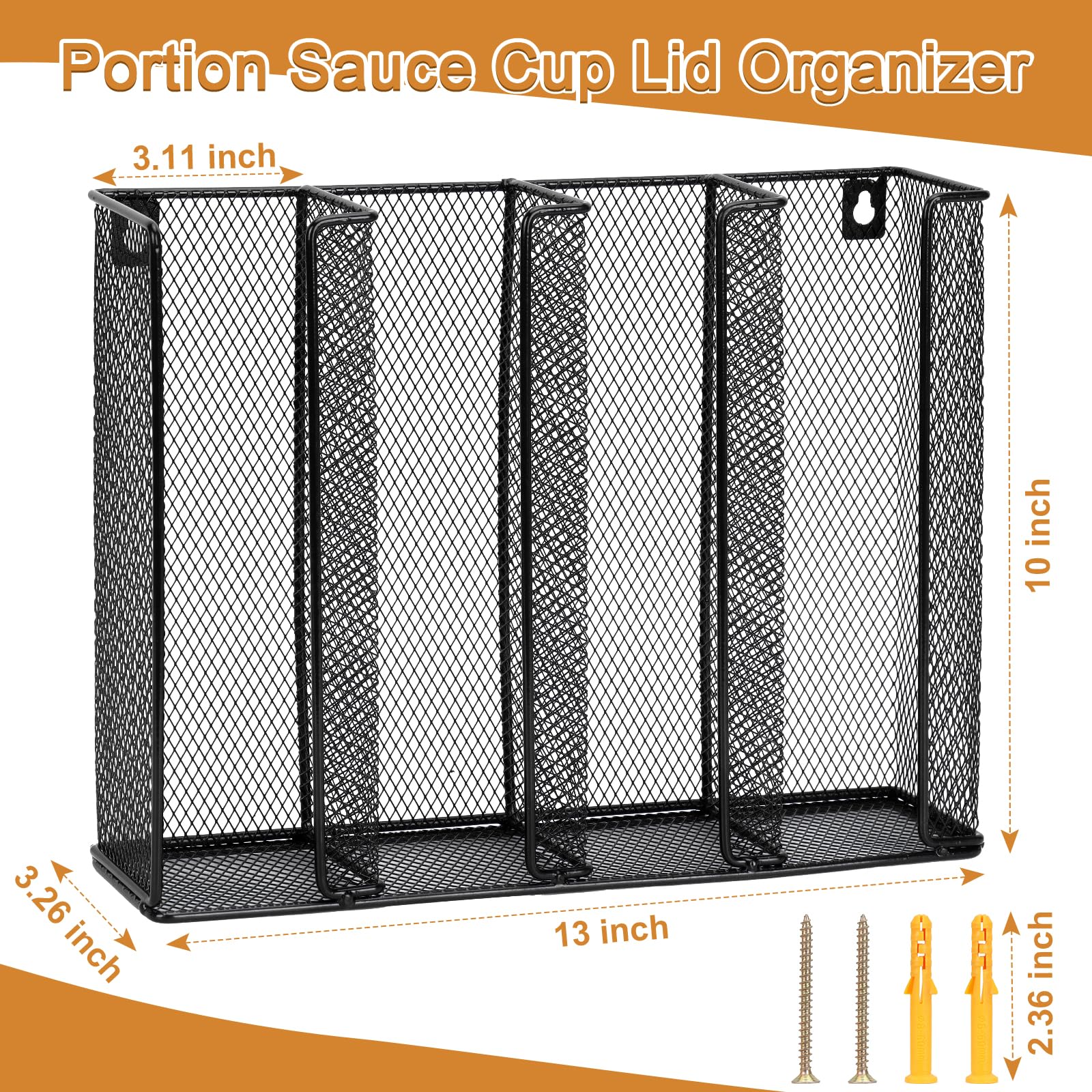 Wall Mount Portion Sauce Cup Lid Organizer 4 Compartments Iron Sauce Cup Dispenser Black Cup and Lid Holder Organizer Fits Cups Size 2 to 5.5 oz For Kitchen Counter Restaurant Coffee Bar 13x10x3.3 In