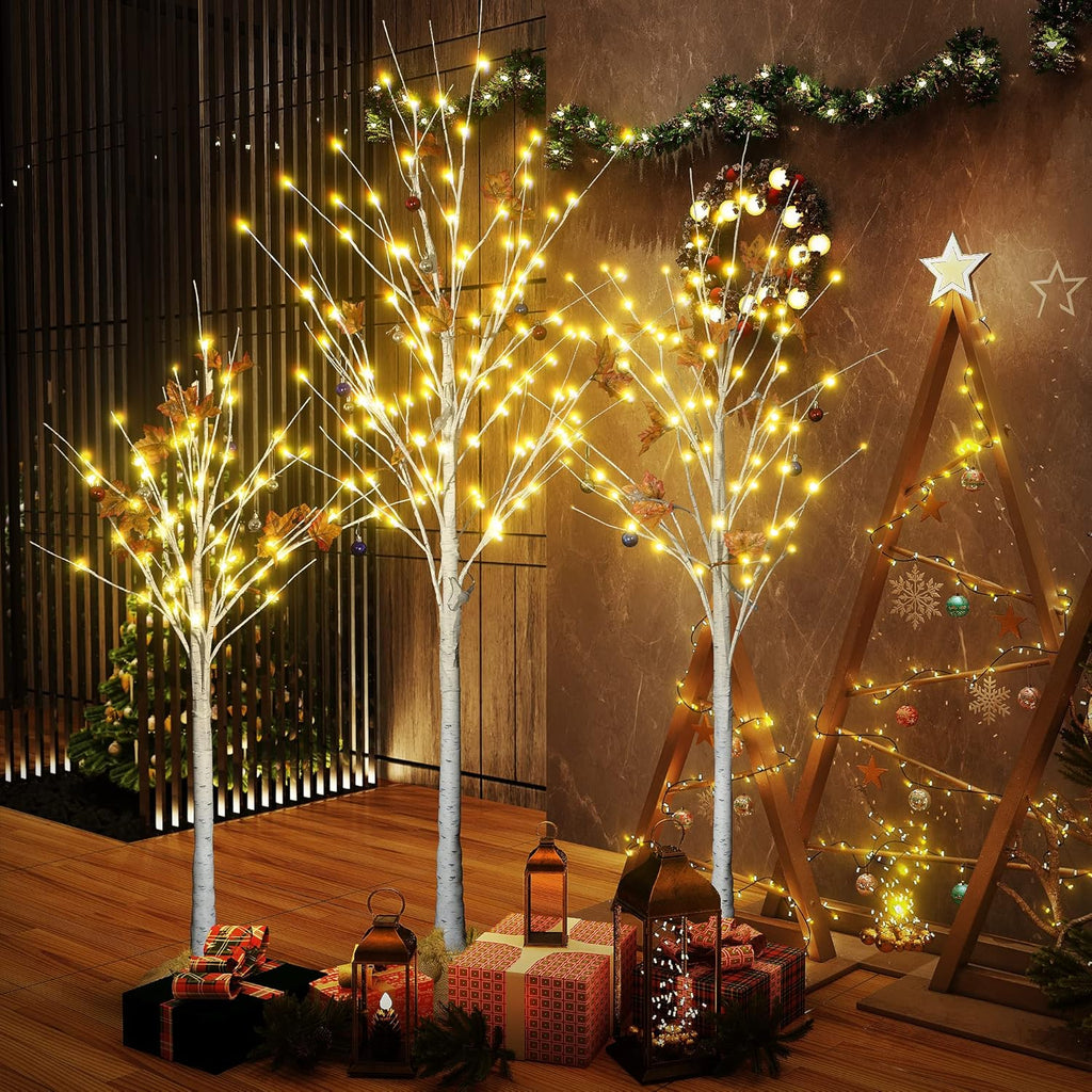 AWQM Artificial Lighted Trees - 3 Pack of 4ft, 5ft & 6ft Warm White LED Christmas Decor for Indoor/Outdoor Use