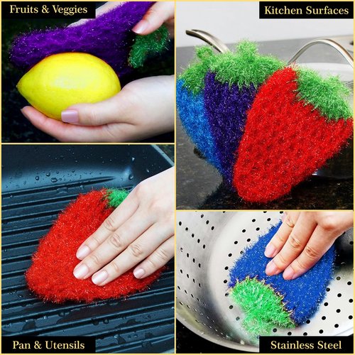 Fun Dish Scrubber by Dish Scrubbie (3PK Mix) - Fruit Shaped Kitchen Sponge Washing Dishes - Reusable Sponges for Scrubbing, Cleaning, Dishwashing - No Odor Sponges Kitchen Scrubbers