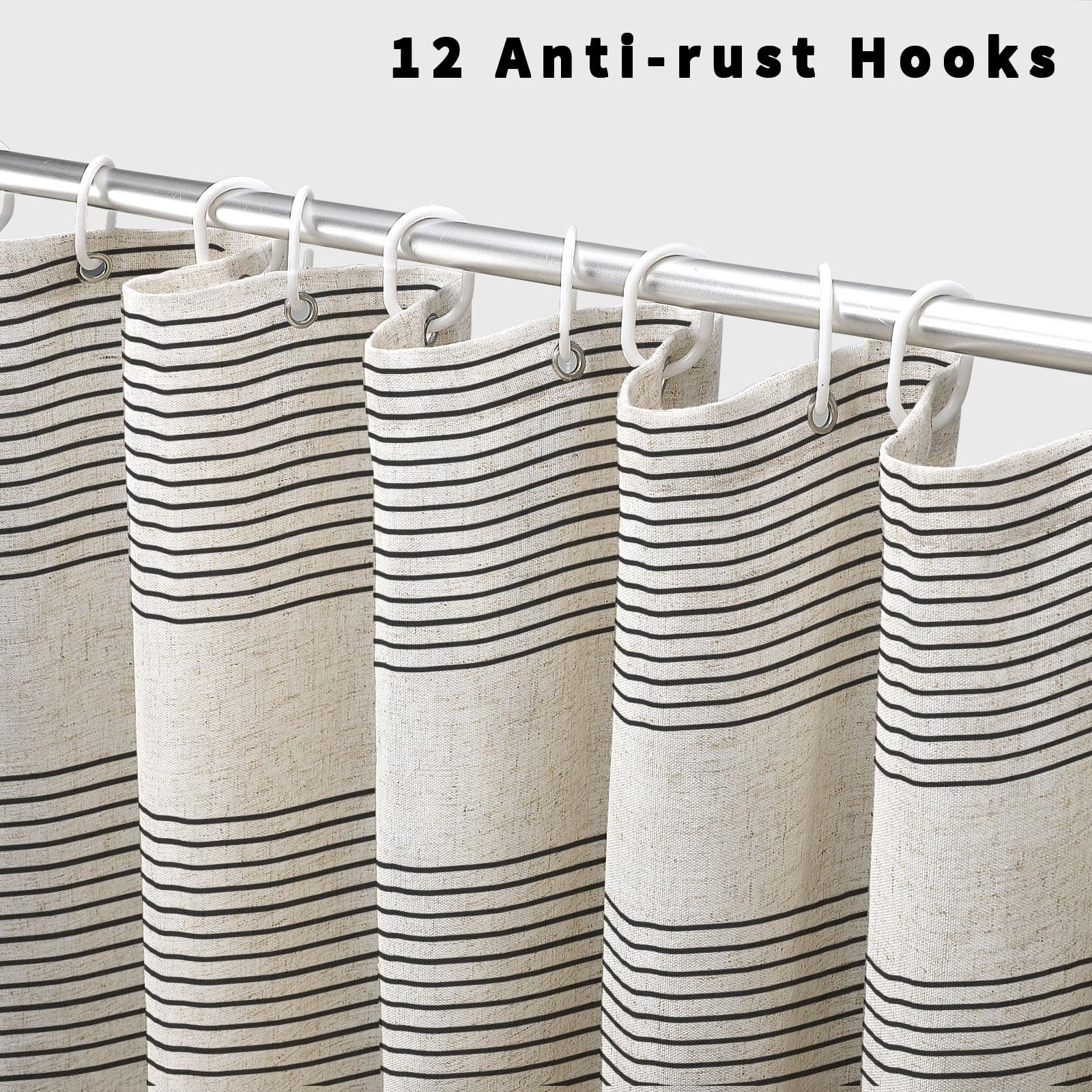 WOUVMA Boho Shower Curtains for Bathroom with Tassels Black Farmhouse Striped Shower Curtain Beige Rustic Linen 72x72 Inches